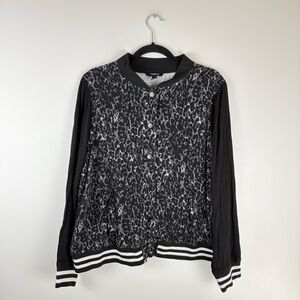 Torrid Womens 2X Jacket Bomber Snap Button Raglan Sleeves Leopard Coat Black